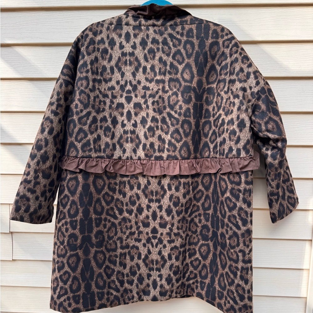 RuXuan Woman’s XL Helen Heart Leopard Print Swing Coat Ruffle Trim 3/4 Quarter - Picture 7 of 14